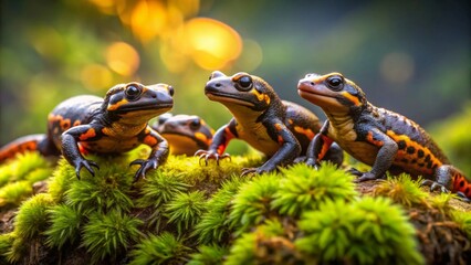 Naklejka premium A Trio of Vibrant Amphibians Perched on Lush Green Moss, Basking in the Warm Glow of a Forest Sunset
