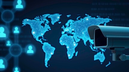 A surveillance camera in the foreground with a digital futuristic background showing a glowing blue global Connectivity, smart global drone network connection, worldwide delivery.