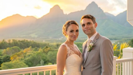 Couple celebrating wedding with scenic mountain backdrop at sunset.