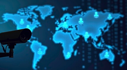 A surveillance camera in the foreground with a digital futuristic background showing a glowing blue global Connectivity, smart global drone network connection, worldwide delivery.