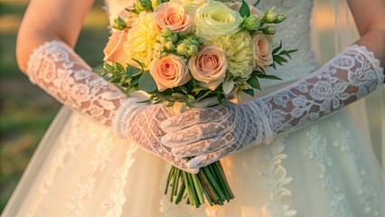 Bride holding a bouquet of roses and lace gloves in a soft-lit setting.