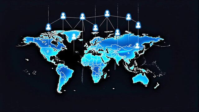 A surveillance camera in the foreground with a digital futuristic background showing a glowing blue global Connectivity, smart global drone network connection, worldwide delivery.