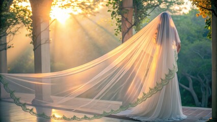 A woman in a flowing wedding dress stands in sunlight amidst trees.