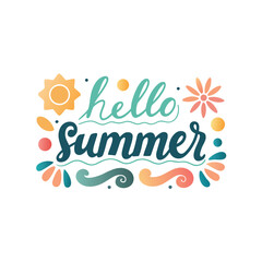 Hello summer lettering with sun and floral elements in pastel colors text typography