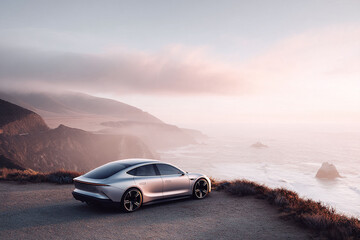 Obraz premium Sleek, silver car parked on a coastal overlook at sunrise. Symbolizes luxury, innovation, travel, and freedom. Ideal for automotive, travel, and tech themes.