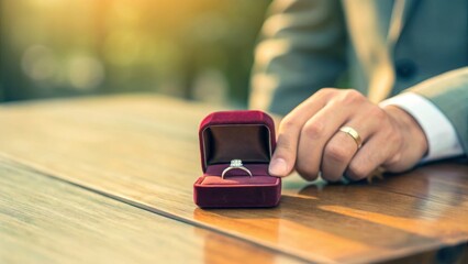 A man presents a ring in an elegant box on a wooden surface.