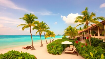 Fototapeta premium Luxury Tropical Resort Beach with Palm Trees and Blue Ocean