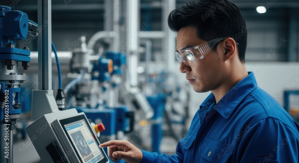 Poster industrial engineer wearing safety glasses operating machinery using a digital touchscreen control p