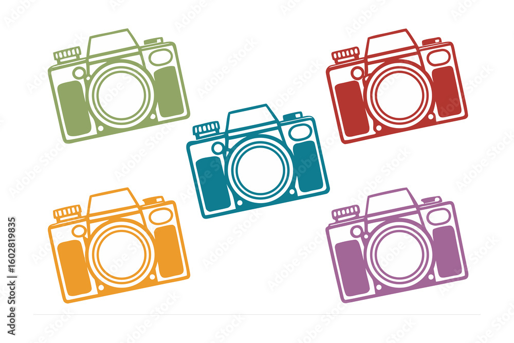 Poster a vibrant collection of five retro style cameras in various bright colors arranged in a playful scat