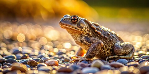 Obraz premium A lone amphibian basks in the warm glow of the setting sun, perched amidst a scattering of smooth, colorful stones.