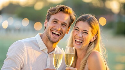 Happy couple celebrating with champagne outdoors in a joyful moment.