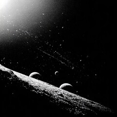 Monochrome depiction of a celestial body's surface, featuring a bright light source,  smaller celestial bodies, and a ring system in the background, evoking a sense of cosmic vastness and mystery