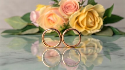 Two wedding rings in front of a bouquet of pastel roses reflecting on a surface.