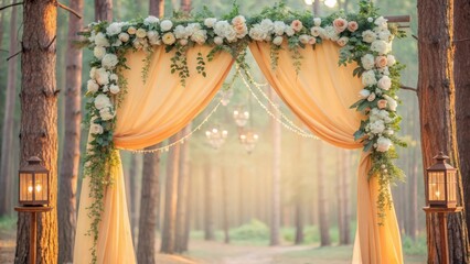 A romantic floral archway in a serene forest setting.