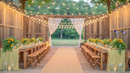 Rustic event space adorned with lights and floral arrangements.
