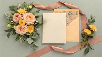 Elegant floral arrangement with a blank card and ribbon on a soft background.