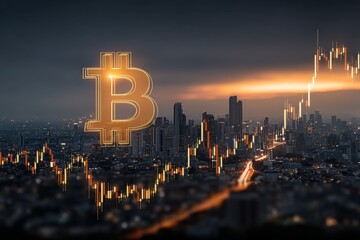 Bitcoin symbol overlaying a city skyline at night with financial market data