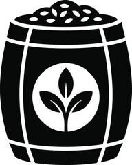 Black and white icon of a barrel filled with seeds and a plant sprout logo