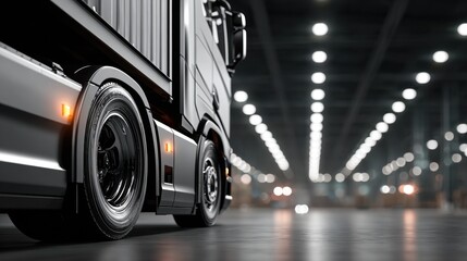 In a spacious warehouse illuminated by overhead lights, a close-up view showcases a black truck trailer, emphasizing its large tires and sleek design against the industrial backdrop