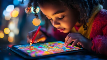 A child engages in modern studies using a tablet and stylus. The colorful screen illuminates her face against a bokeh-lit backdrop, showcasing interactive learning and creativity.