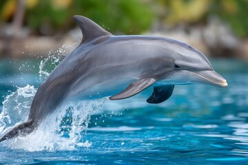 Fototapeta premium Dolphin jumping out of the water in a tropical lagoon