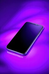 A sleek black smartphone rests on a softly lit surface, surrounded by an enchanting purple glow that highlights its design and contours in an artistic manner