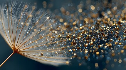 Close-up Macro Shot of a Dandelion Seed Head with Golden Glitter Particles Blowing Away, Symbolizing Wishes, Transience, and Hope