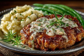Savory country-fried steak is nestled on a rustic plate, topped with creamy gravy and surrounded by fluffy mashed potatoes and bright green beans, creating a hearty meal