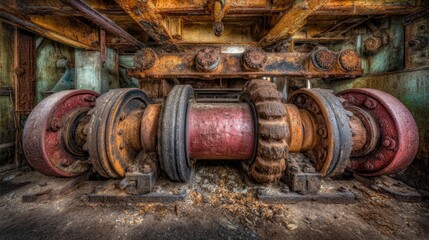 Close-up of a heavily rusted and aged industrial machinery component, showing large wheels, axles, and connecting mechanisms, set against a decaying floor.  The image emphasizes texture and decay
