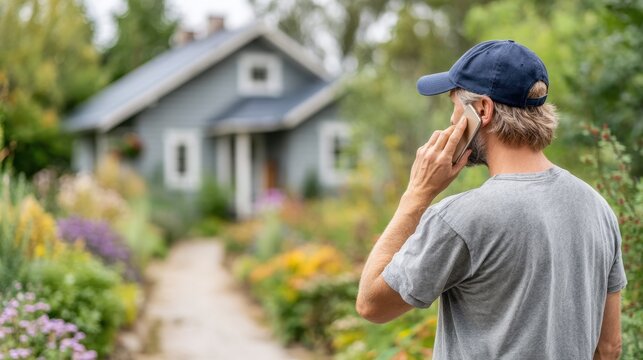 A residential roofing contractor stands in a colorful garden, speaking on his phone about an upcoming roofing project. The home with a blue roof is visible in the background