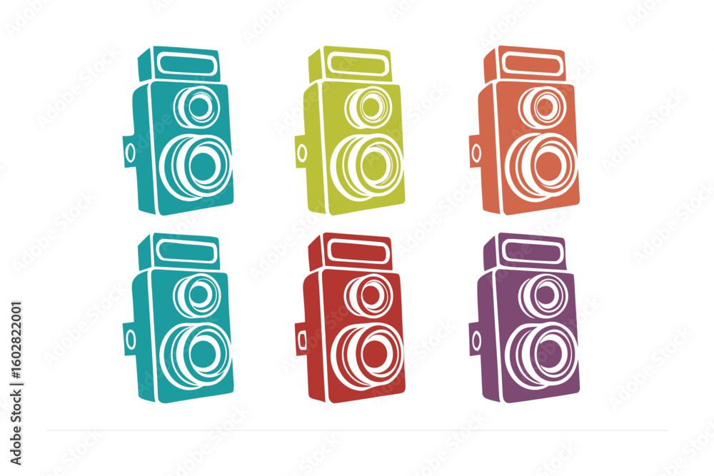 Poster retro twin lens reflex cameras in a vibrant palette of six distinct colors arranged in two rows