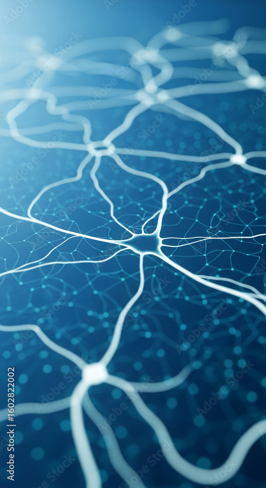 Poster abstract image of neural network, showcasing interconnected nodes and pathways in blue tones, symbol