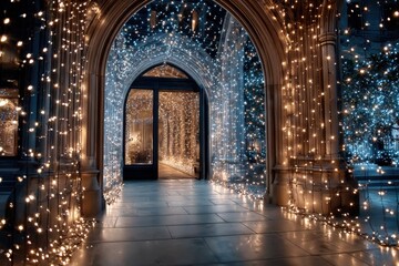 Fototapeta premium Twinkling lights illuminate a grand entrance during the festive season in an old building