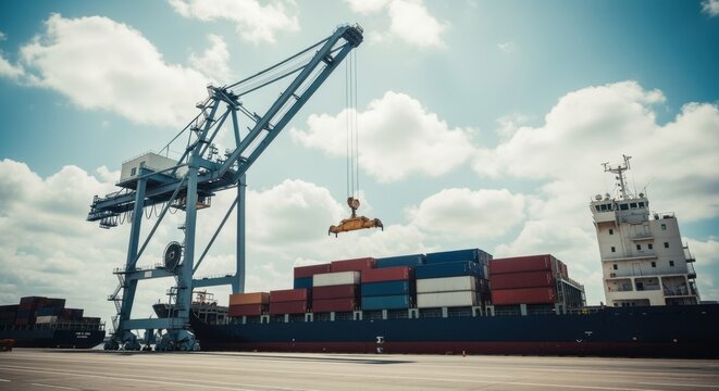 Large gantry crane loading cargo containers onto a container ship in a busy port, representing global trade and logistics under a bright blue sky with white clouds