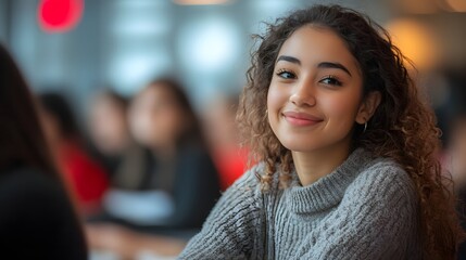 Obraz premium A smiling young woman with curly hair, in a gray knitted sweater. The blurred background suggests a cafe. Modern Studies theme, highlighting a cozy and approachable vibe.