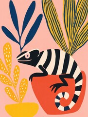 A striking black and white striped lizard rests on a bright orange pot surrounded by lush, colorful plants. The playful design contrasts beautifully against the pink background