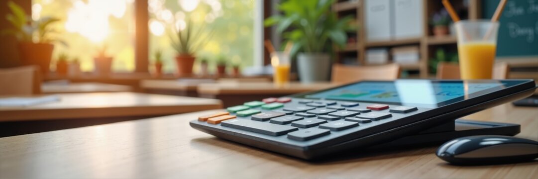 A close-up view of a calculator on a wooden desk bathed in natural light, symbolizing productivity and office work in a warm, inviting environment.
