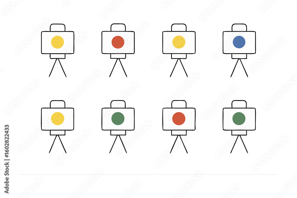 Poster eight easels displaying colorful fingerprint art against a clean white background in a simple illust