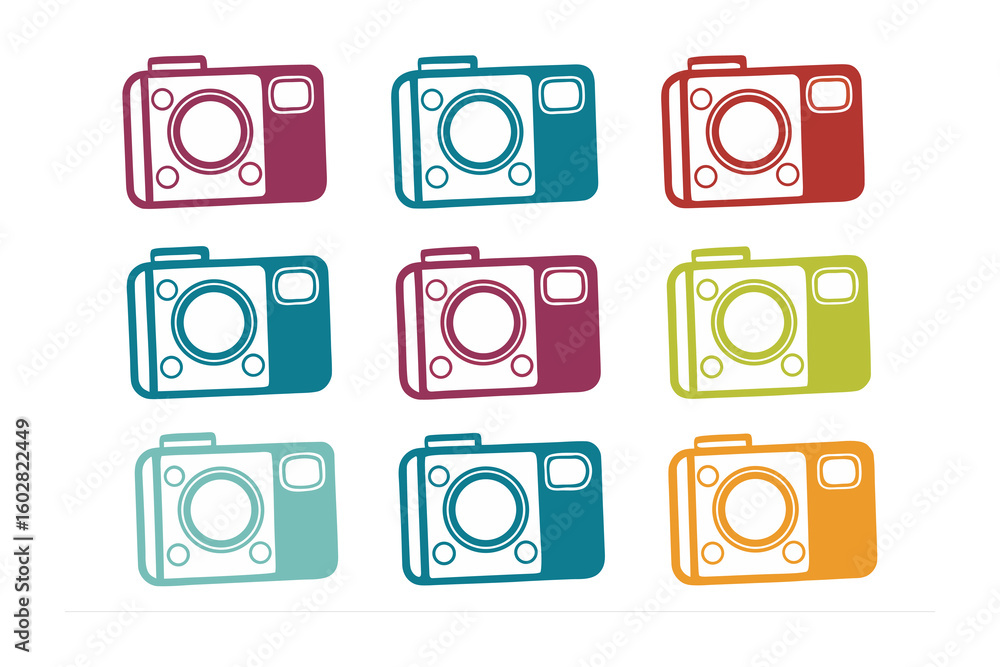 Poster collection of nine colorful hand drawn retro cameras arranged in a three by three grid showcasing vi