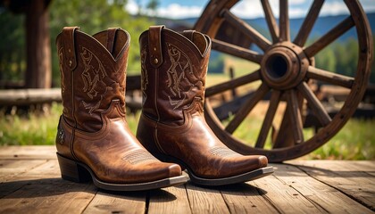 Rustic cowboy boots on weathered wooden planks, with a wagon wheel in the background