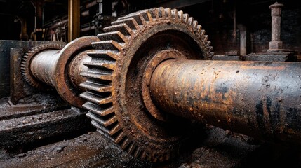 Close-up of a large, rusty industrial gear and shaft, showing significant wear and grime; oily surface suggests disuse and age within a dark, possibly abandoned, industrial setting
