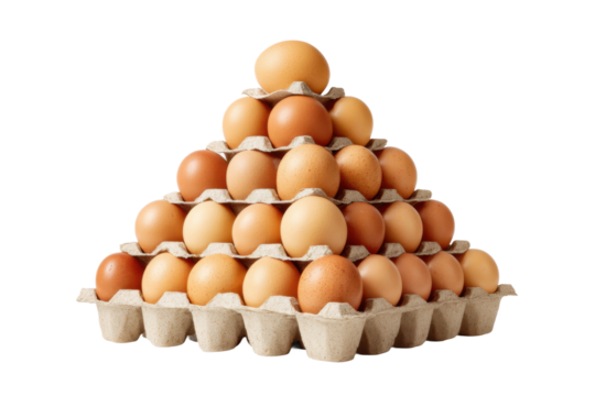 Egg display pyramid grocery store food photography indoor close-up. Isolated on transparent background, png.