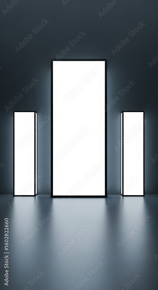 Poster lit blank vertical rectangle and two smaller illuminated squares against dark gray background, showc