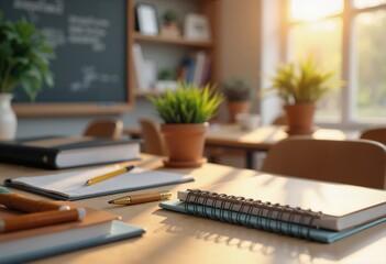A serene classroom setting featuring notebooks, pens, and potted plants, perfect for educational materials, promotional content, or motivational themes.