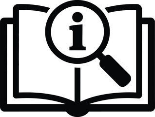Magnifying glass over open book with information symbol inside
