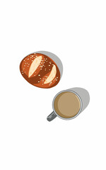 coffee cup and delicious homemade buttery bagel for breakfast issolated on white 