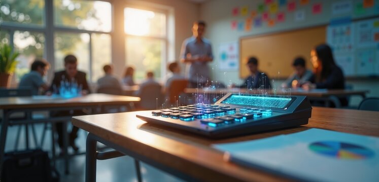 A dynamic classroom setting featuring a calculator and charts, emphasizing education, business, and technology in learning environments.