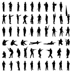 Collection of military silhouettes. Soldiers in various poses. Vector illustrations.