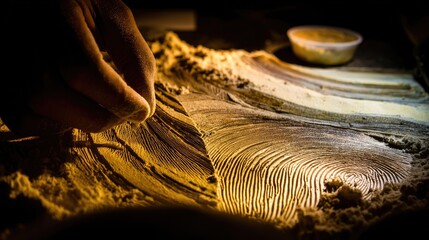 Close-up of a hand shaping patterns in a textured surface.