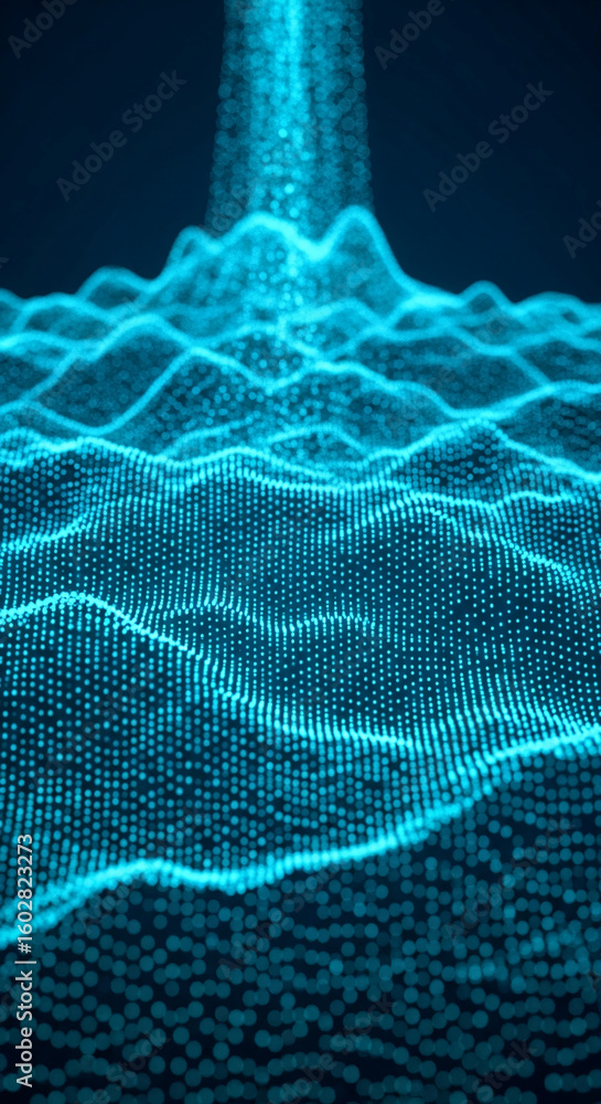Poster abstract teal light particle wave, flowing smoothly, creating a digital landscape, perfect for tech 